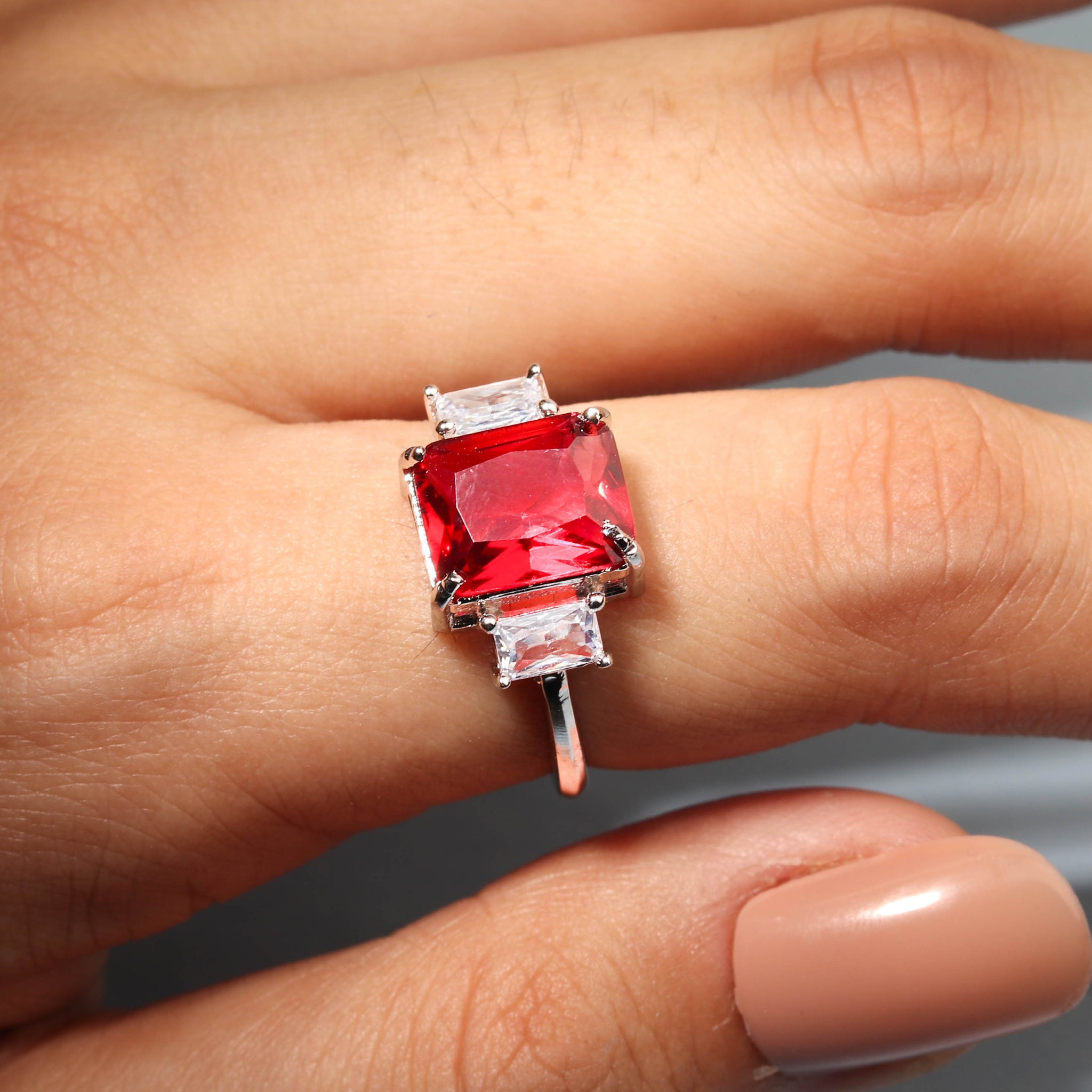 Exquisite Red Color Solitaire Stone With Cz Stones Finger Ring For Women - Free Size