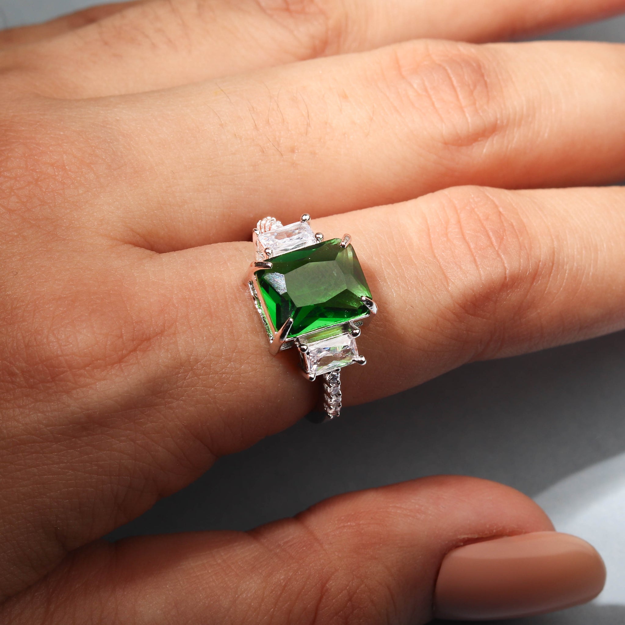 Exquisite Green Colour Solitare Stone With Cz Stones Finger Ring For Women - Free Size