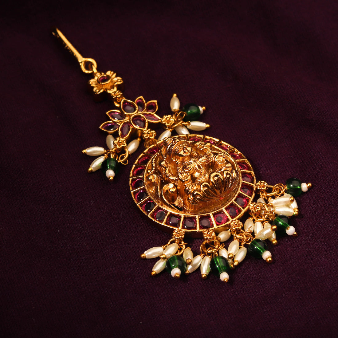 24k Gold Plated Pink Kemp Stone Lakshmi Maang Tikka