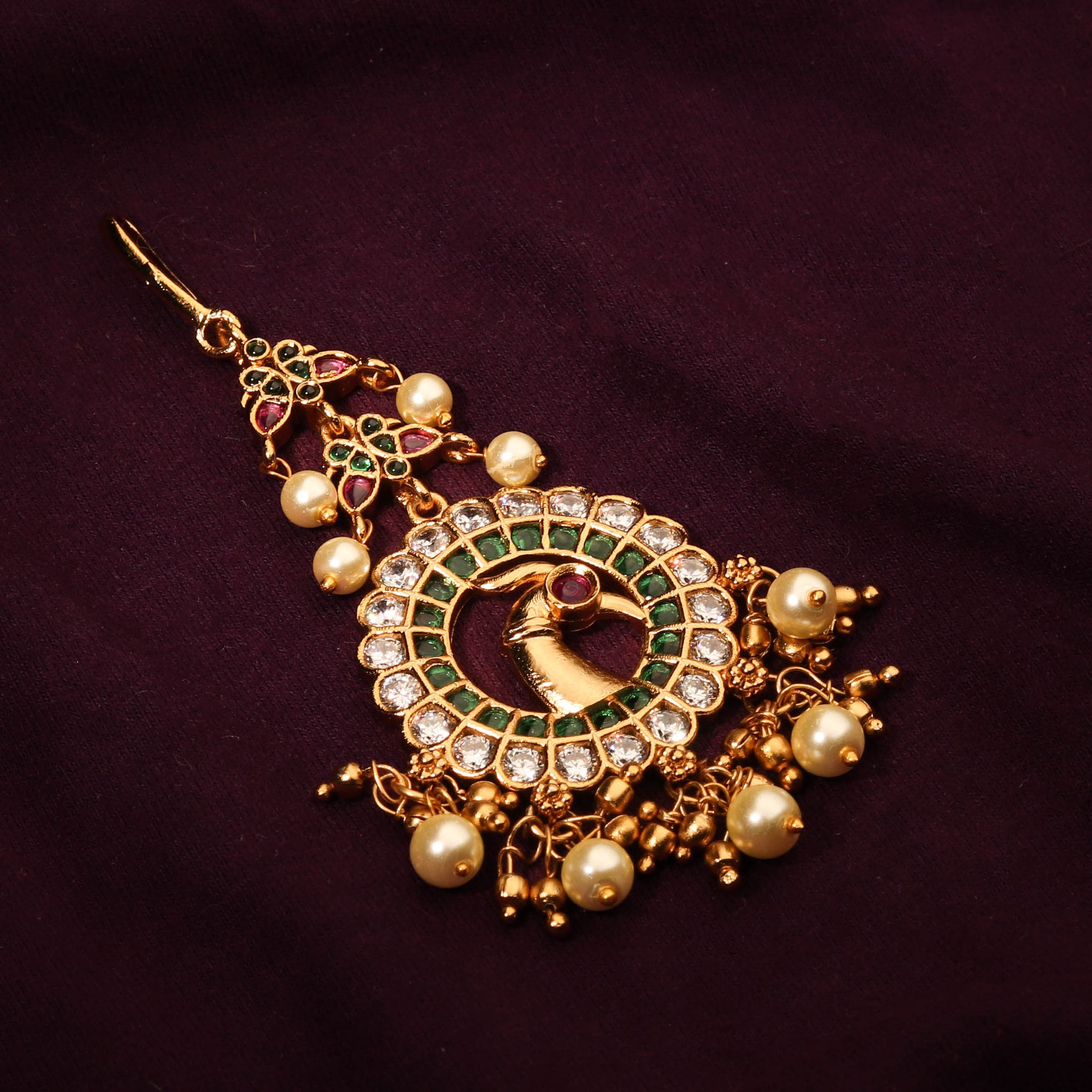 Gold Plated White & Green Kemp Stone Peacock Maang Tikka