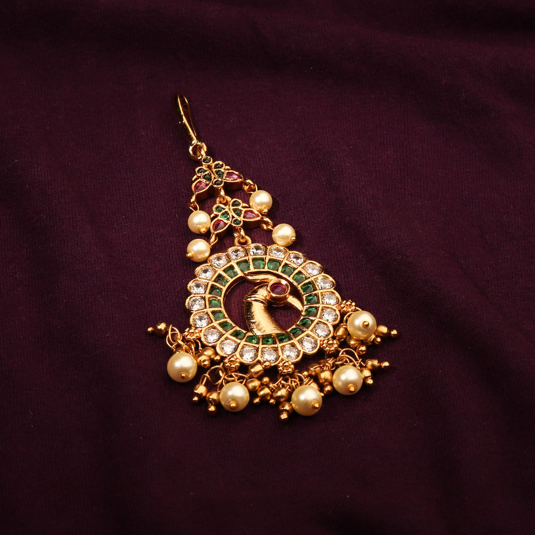 Gold Plated White & Green Kemp Stone Peacock Maang Tikka