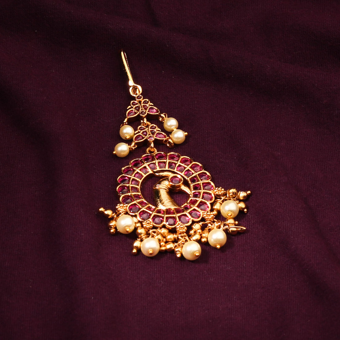 Gold Plated Pink Kemp Stone Peacock Maang Tikka