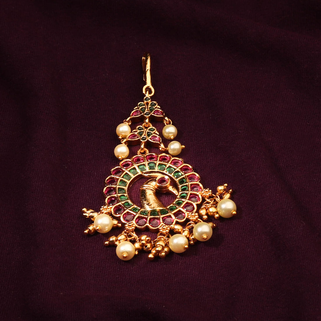 Gold Plated Peacock Multi Stone Kemp Maang Tikka