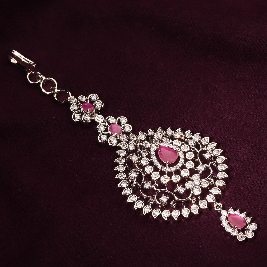 Pink Studded CZ Silver Plated Maang Tikka