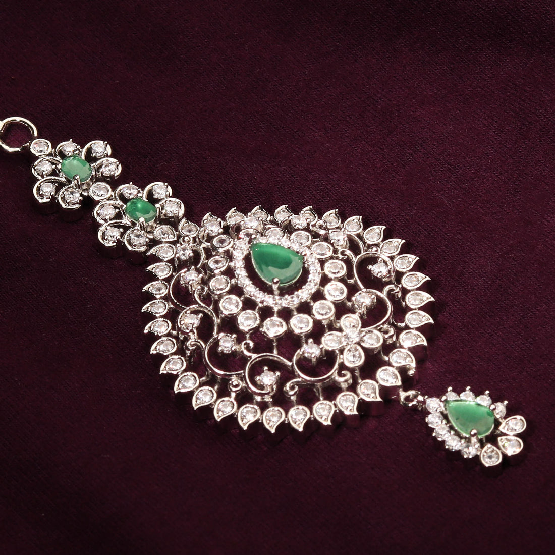 Silver Plated Maang Tikka With Green CZ for a Touch of Sparkle