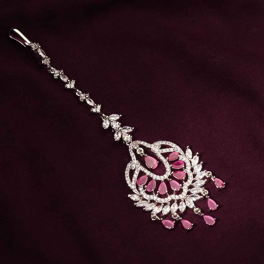 Sparkling Pink Cubic Zirconia Silver Plated Maang Tikka