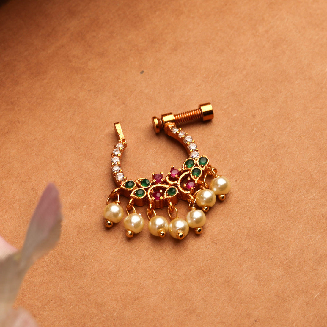 24K Gold Plated Nose Pin Crafted with Green and Multi Color Stones