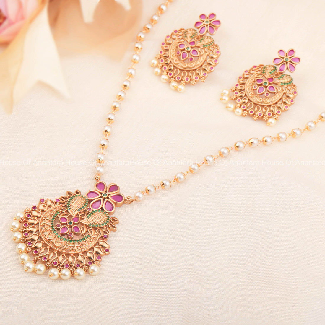 24K Gold Plated Elegant Necklace Set With South Indian Pendant And Pair of Earrings