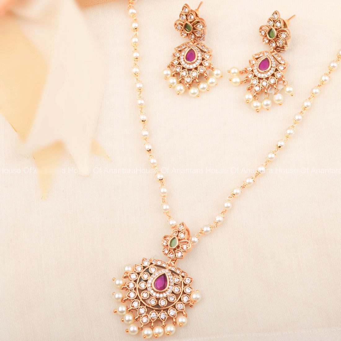 Pearl Neckalce Set With 24K Gold Plated Pendant And Pair For Women