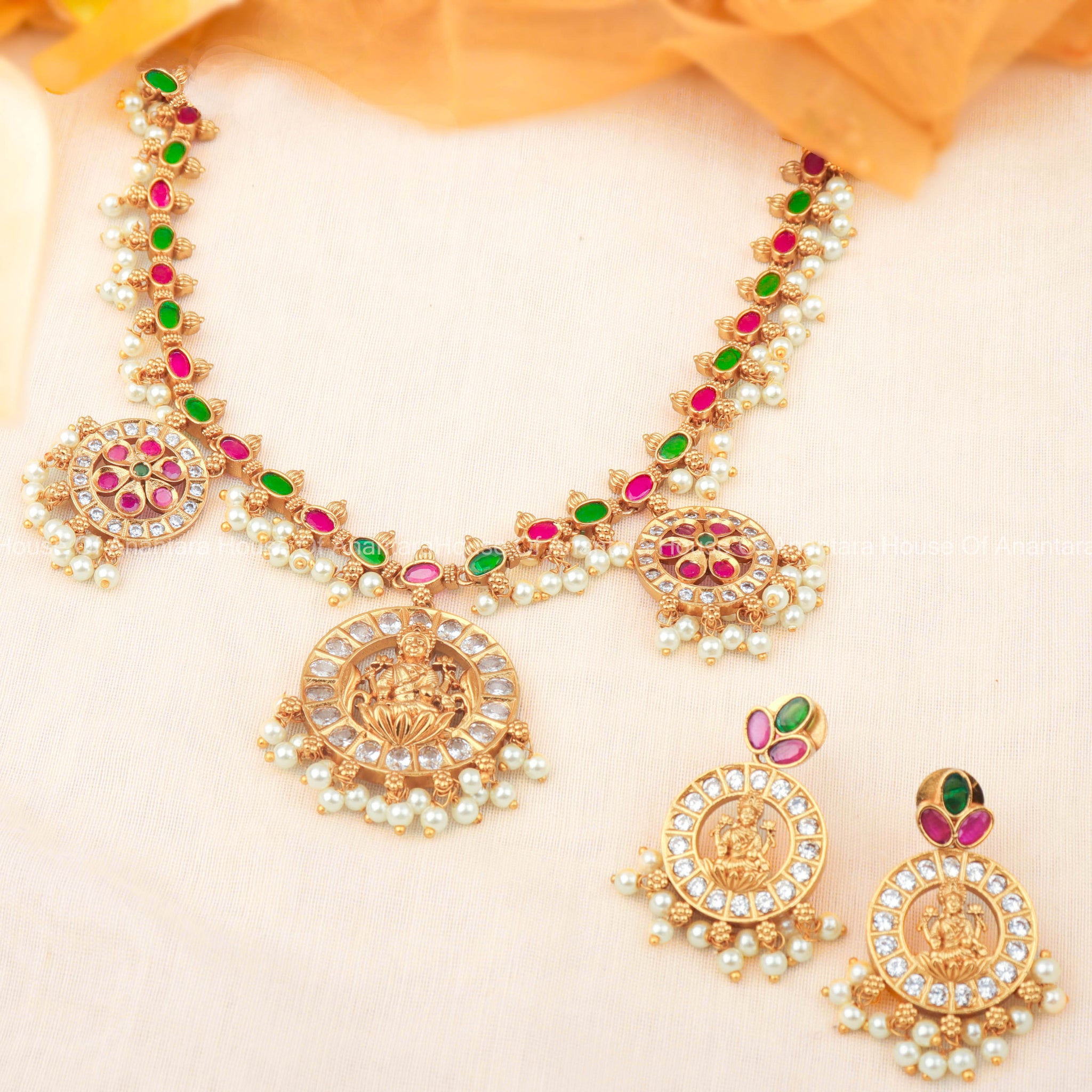 24K Gold Plated Nakshi Necklace Set With Multi Color Stones and Earrings For Women