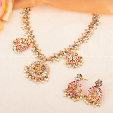 24K Gold Plated Nakshi Necklace Set With CZ Pendant And Multi Color Stones For Women