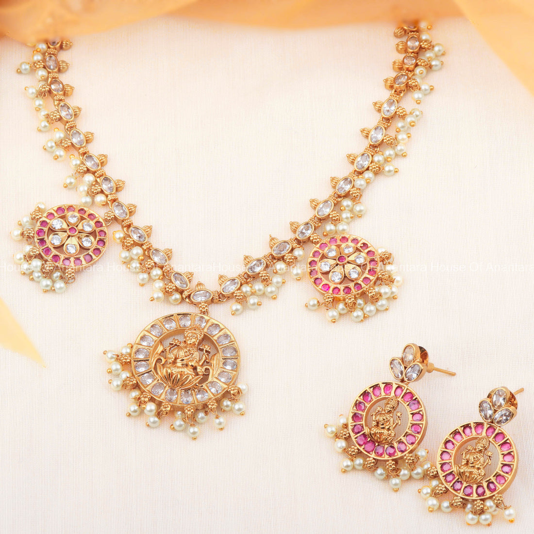 24K Gold Plated Nakshi Necklace Set With CZ Pendant And Multi Color Stones For Women