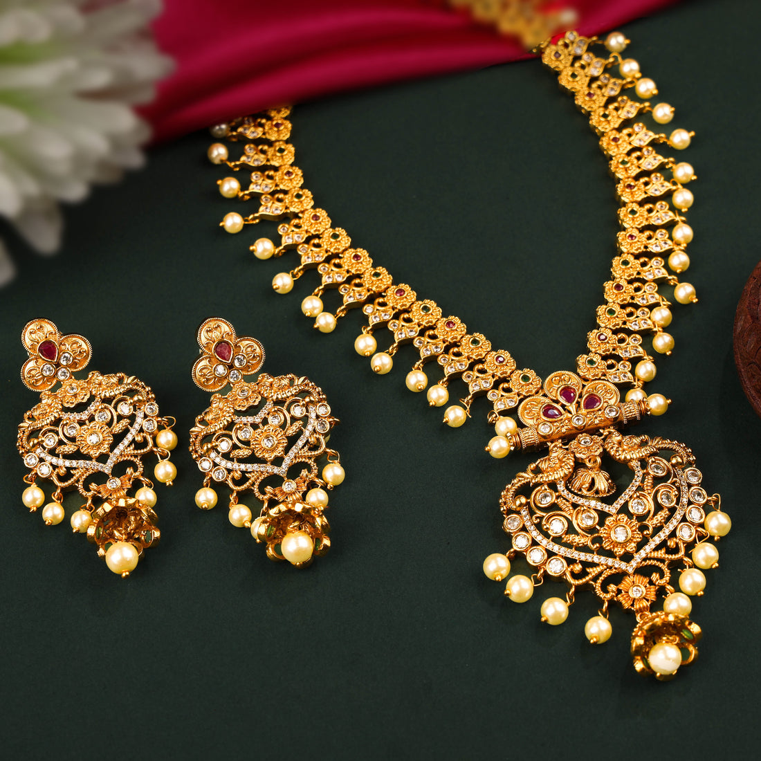 24K Gold Plated South Indian Long Necklace Set With Pearls And Pair Of Earring For Women