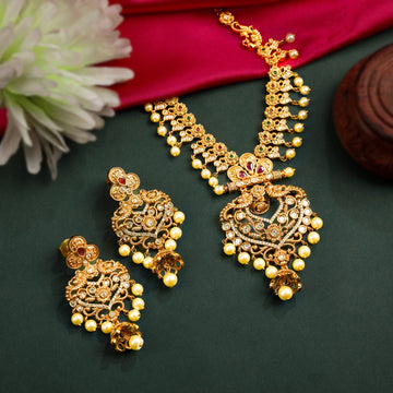 24K Gold Plated South Indian Short Necklace Set With Pearls And Pair Of Earring For Women