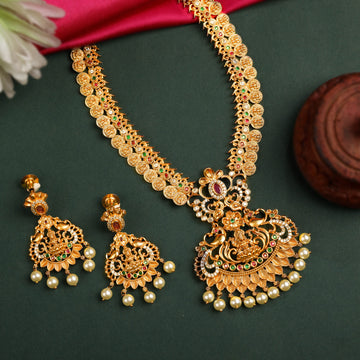 24K Gold Plated South Indian Necklace Set With Nakshi Work And Pearls For Women