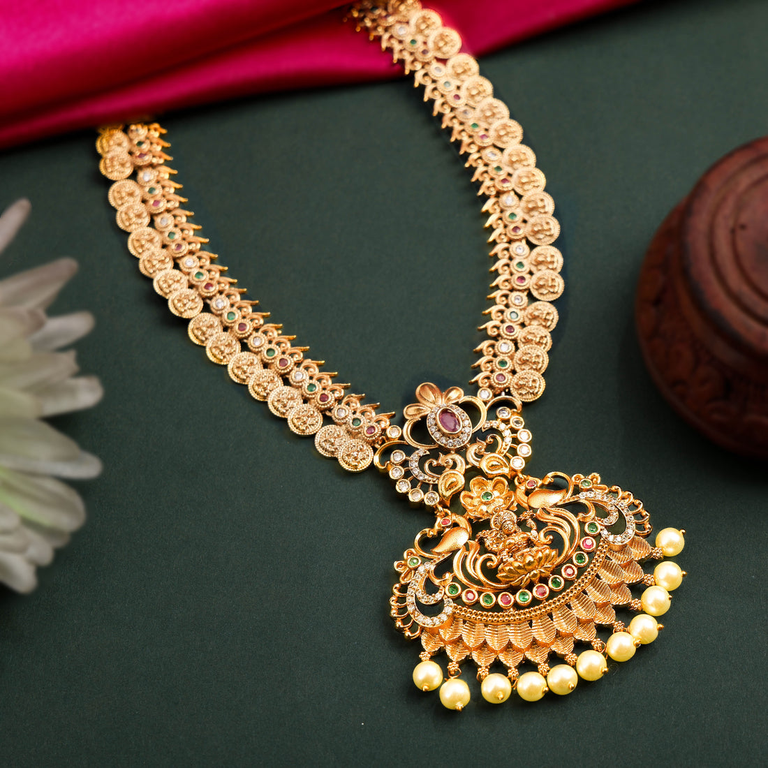 24K Gold Plated South Indian Necklace Set With Nakshi Work And Pearls For Women