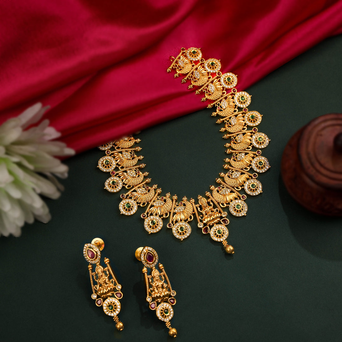 24k Gold Plated Nakshi Necklace Set With CZ Stones And Earrings For Women