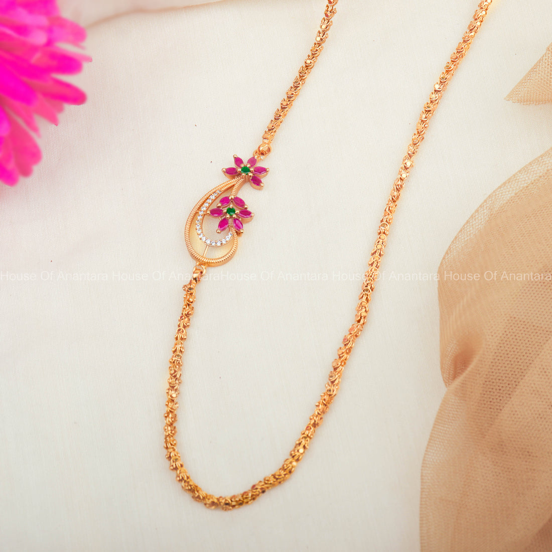 Traditional 24k Gold Plated Chain With Side Pendant For Women