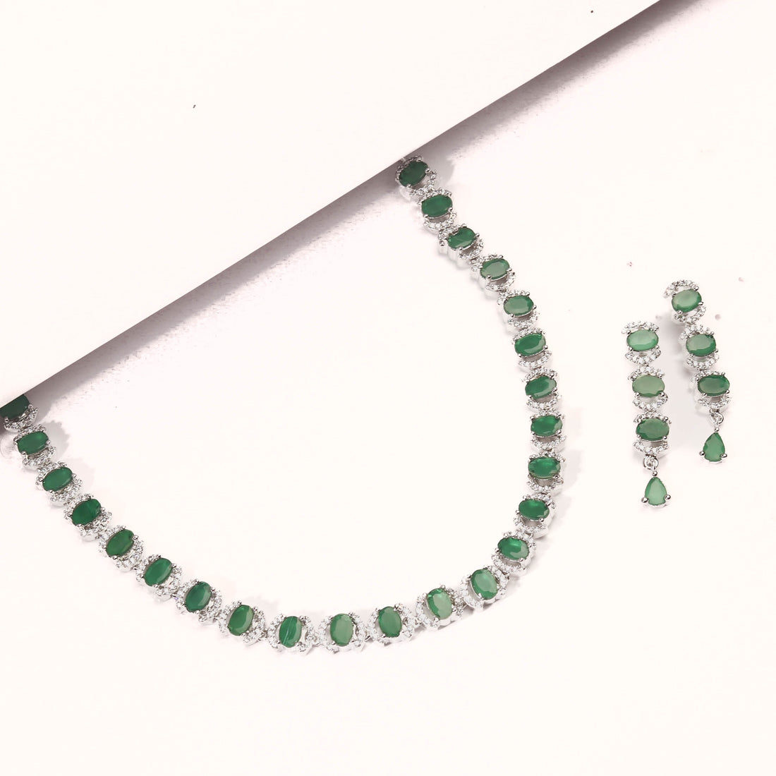 Rhodium Plated Beautiful Necklace Set With Green Stones And Pair Of Earrings