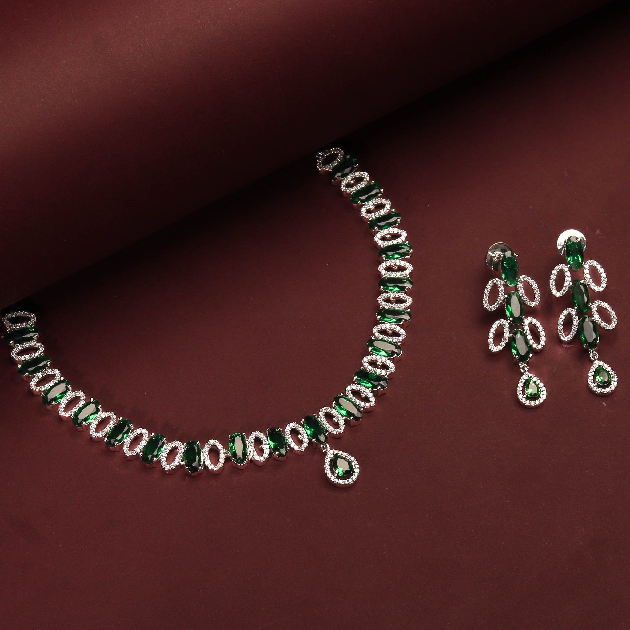 Rhodium Plated Elegant Necklace Set With Green Stones And Pair Of Earrings