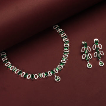 Rhodium Plated Elegant Necklace Set With Green Stones And Pair Of Earrings