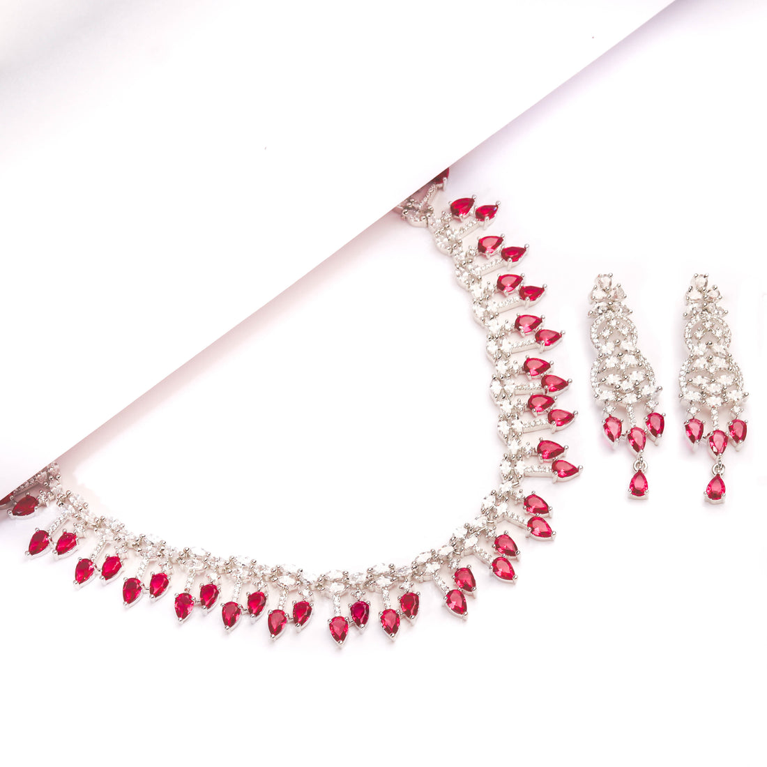 Rhodium Plated Elegant Ruby Red Zircon Necklace Set With Earrings For Women