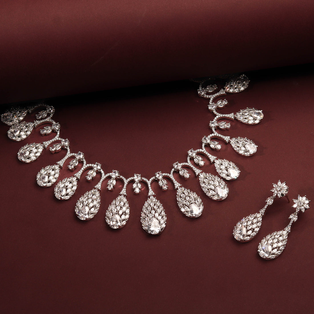 Rhodium Plated Elegant Nature Inspired Necklace Set With CZ Stones And Earrings