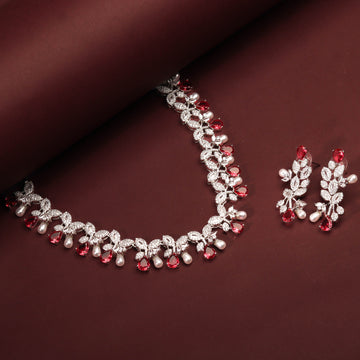 Rhodium Plated Elegant Ruby Red Color Zircons Necklace Set With Pearls