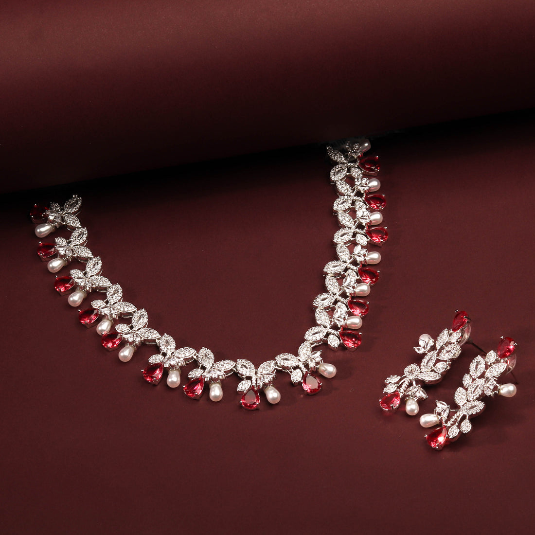 Rhodium Plated Elegant Ruby Red Color Zircons Necklace Set With Pearls