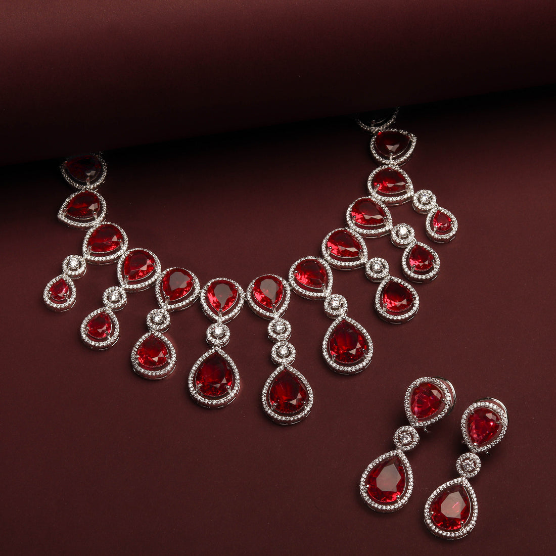 Rhodium Plated Luxurious Ruby Red Color Necklace Set With Earrings For Women