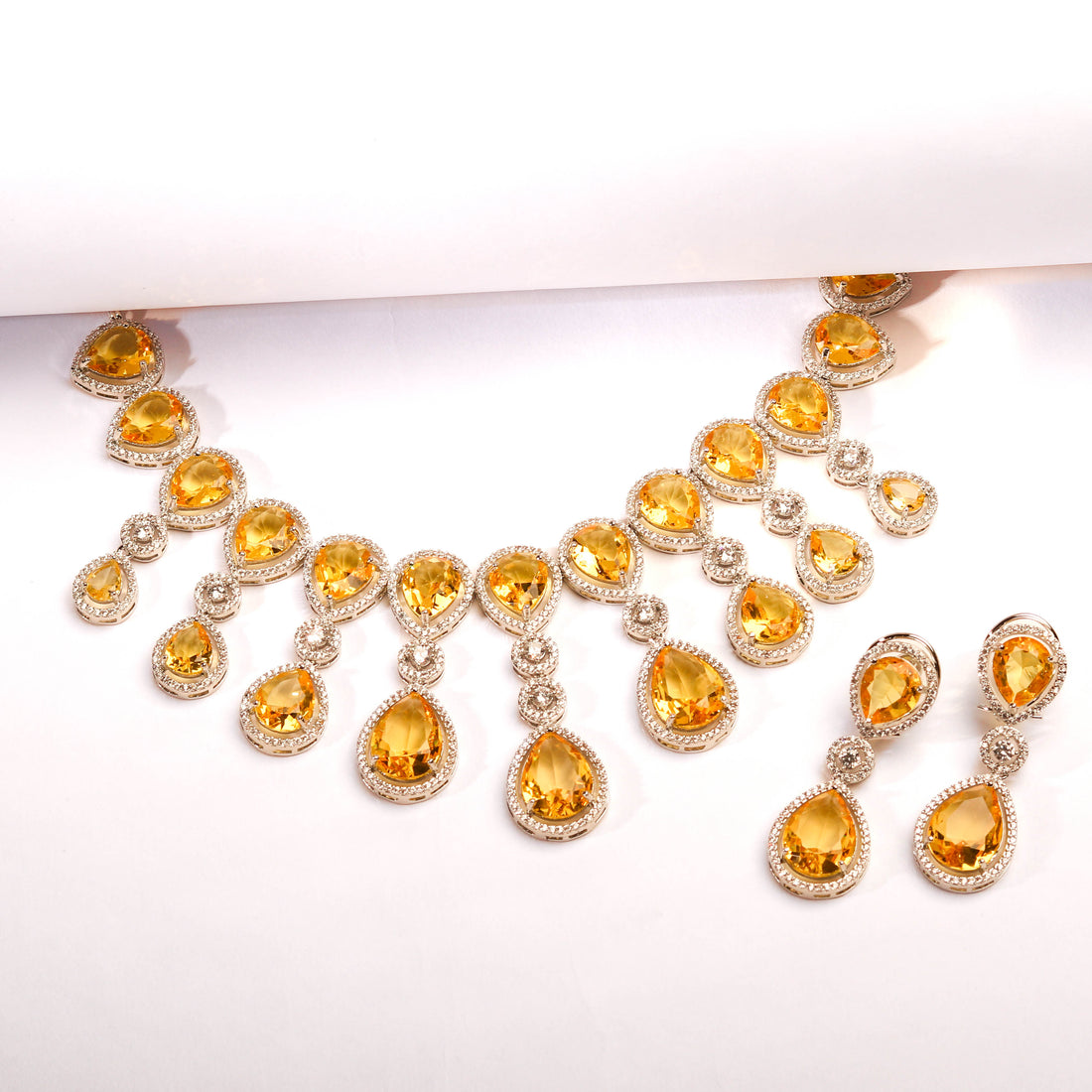 Rhodium Plated Luxurious Yellow Sapphire Color Necklace Set With Earrings For Women