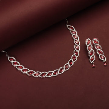 Rhodium Plated Classic Necklace Set With Red Color Stones Earrings For Women