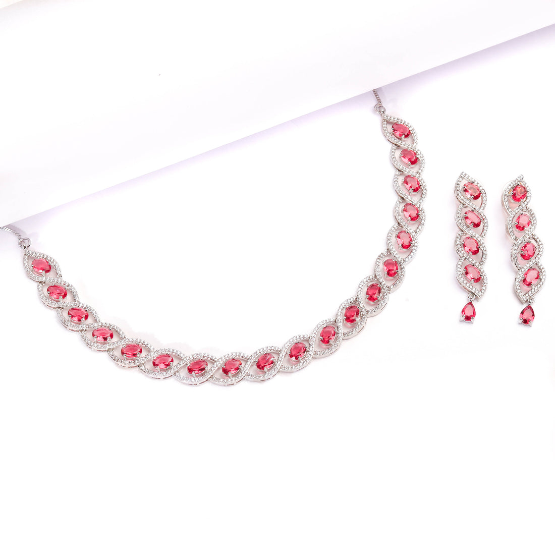 Rhodium Plated Classic Necklace Set With Red Color Stones Earrings For Women