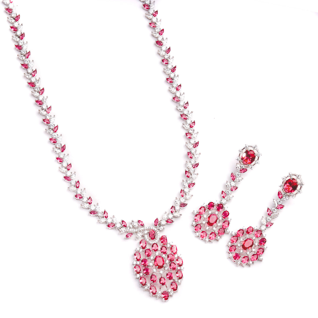 Rhodium Plated Luxurious Necklace Set With Red Color Stones Earrings For Women