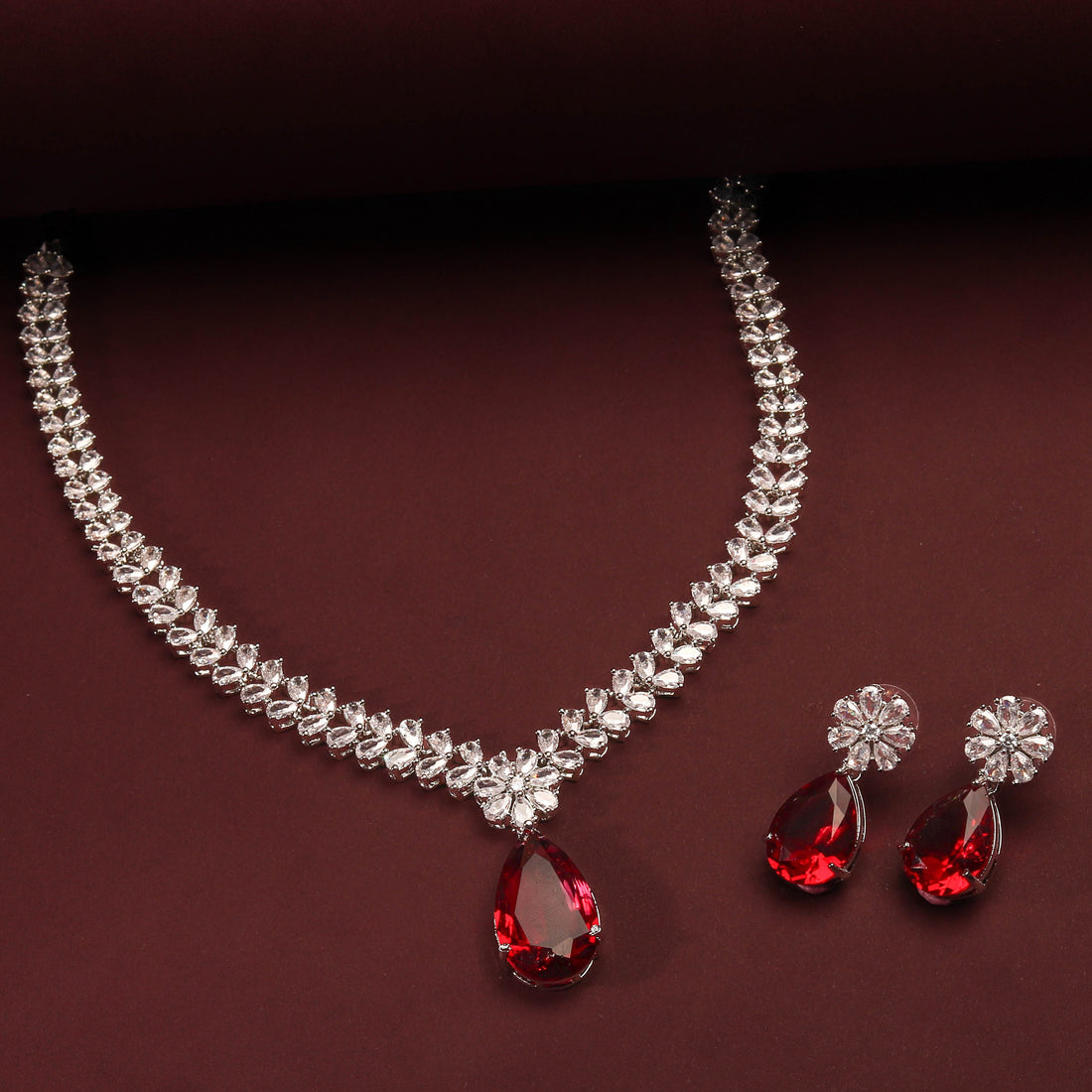 Rhodium Plated Beautiful Necklace Set With Red Drop Color Stones Earrings For Women