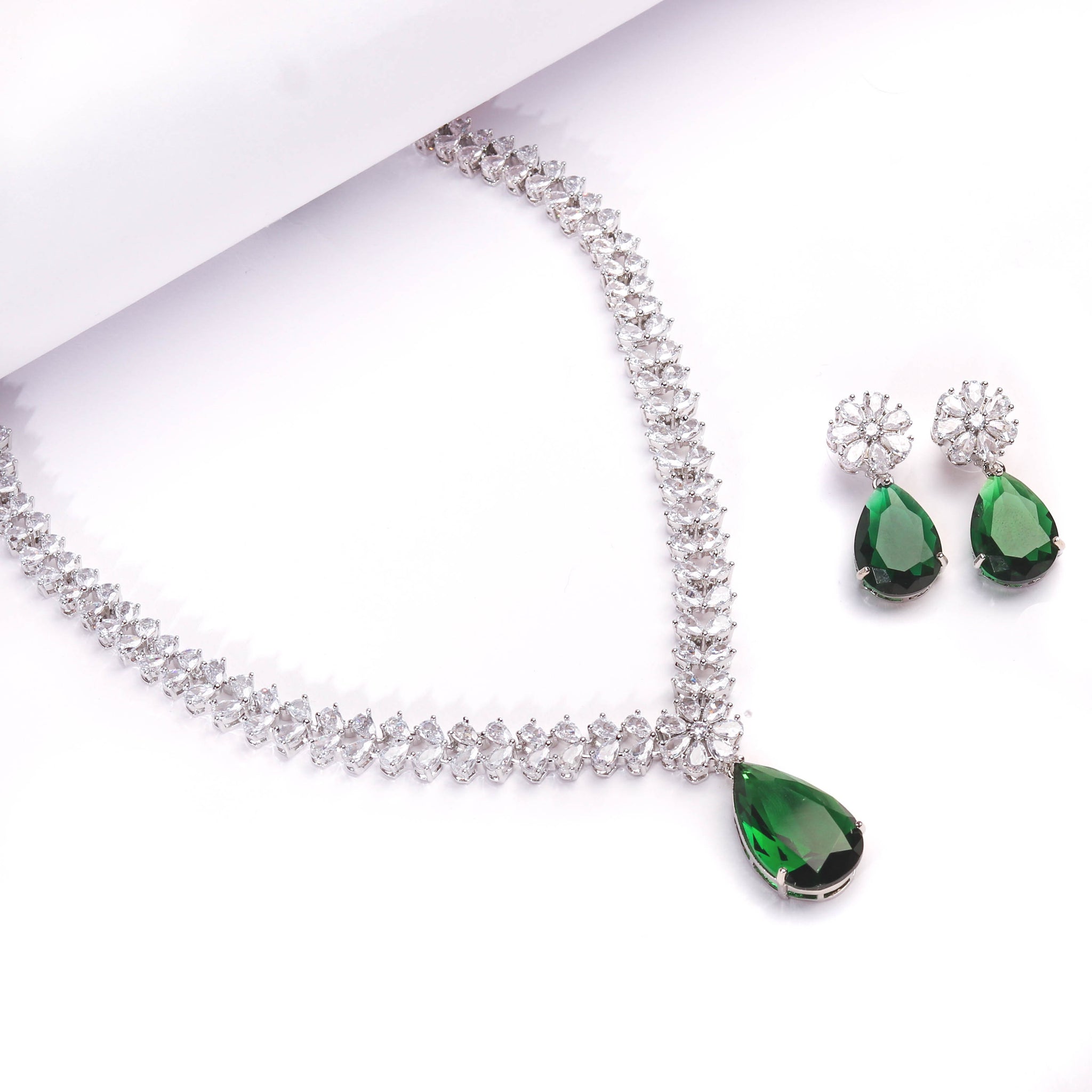 Rhodium Plated Beautiful Necklace Set With Green Drop Colour Stones Earrings For Women