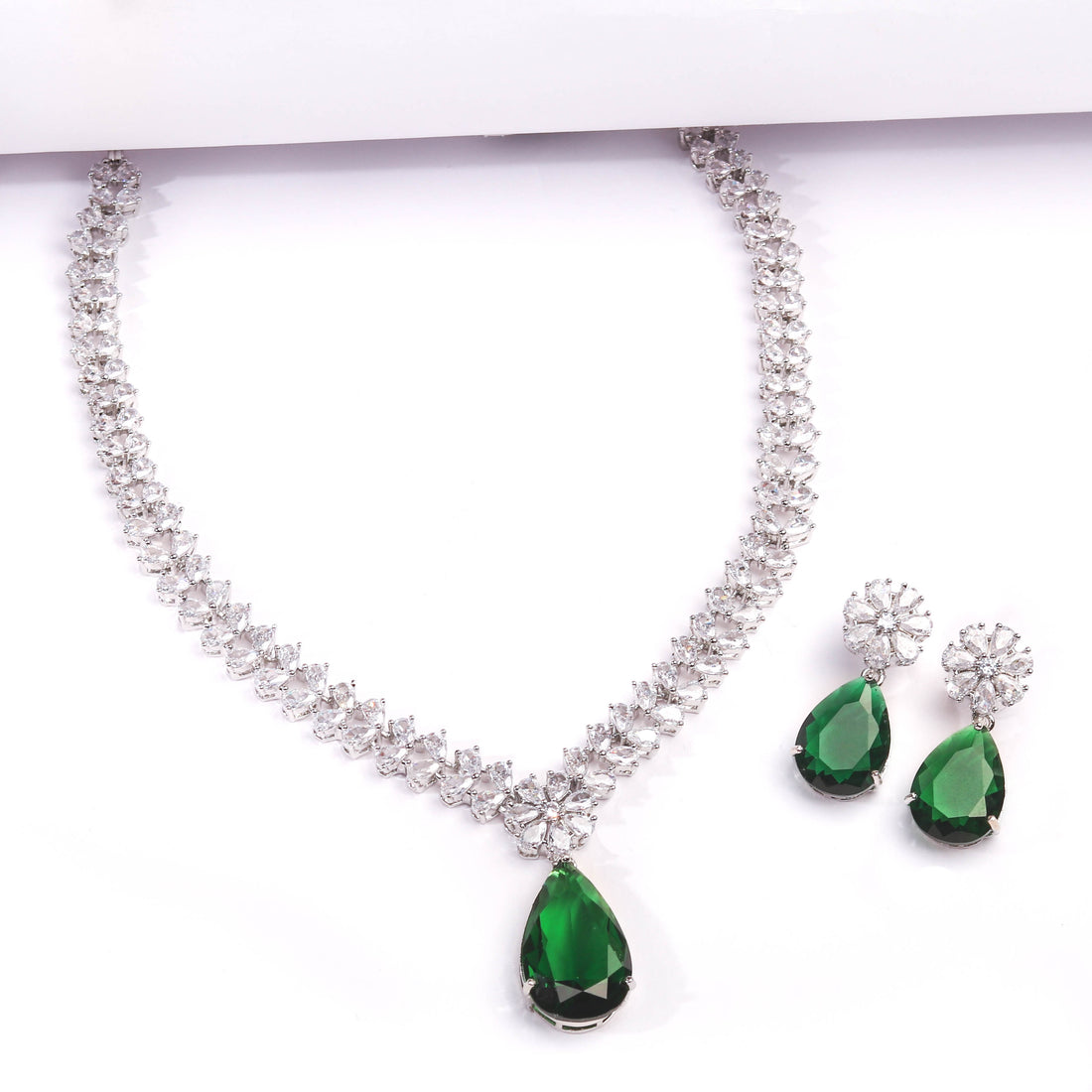 Rhodium Plated Beautiful Necklace Set With Green Drop Colour Stones Earrings For Women