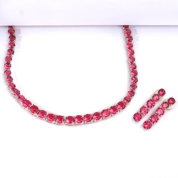 Rhodium Plated Classic Ruby Red Zircon Necklace Set With Earrings For Women