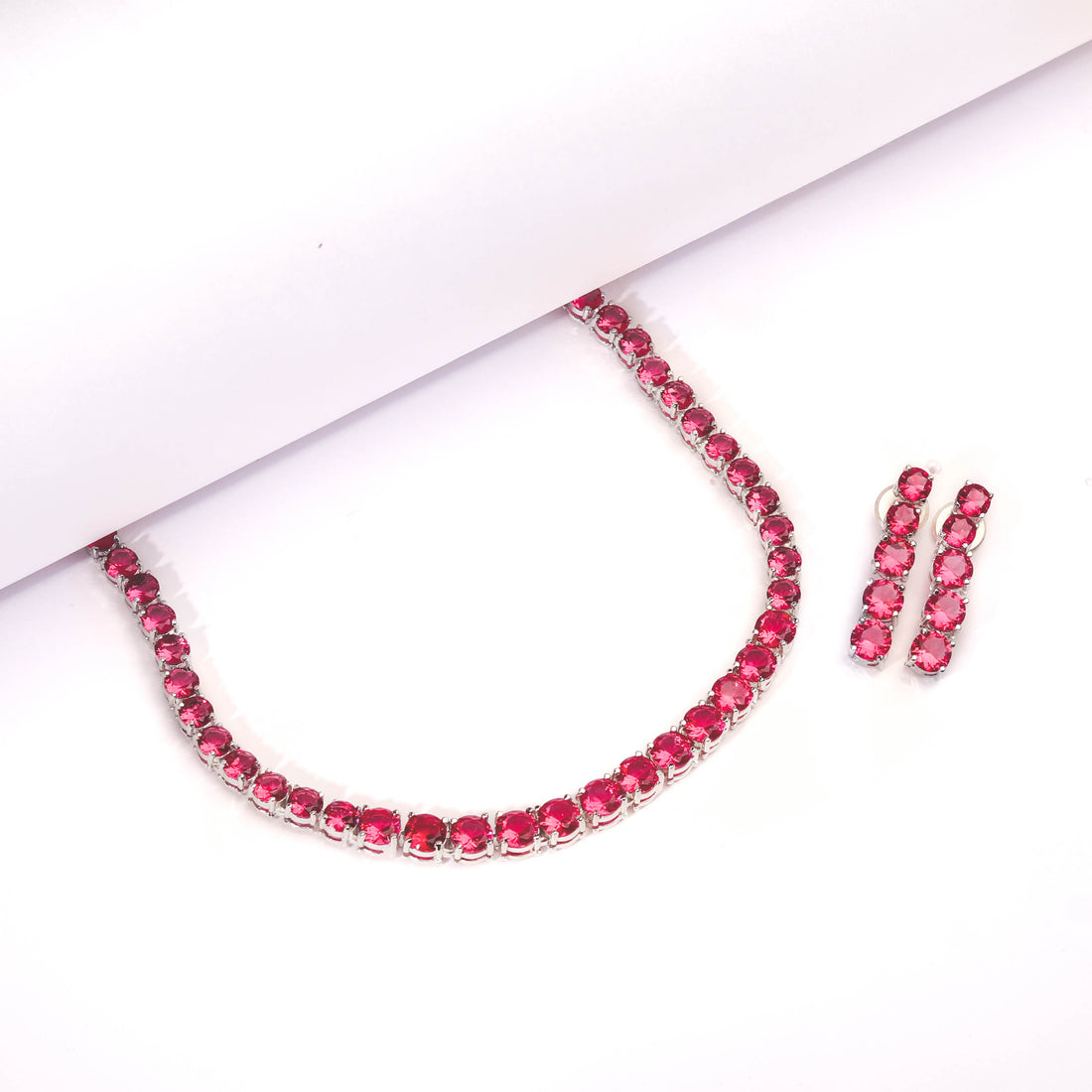 Rhodium Plated Classic Ruby Red Zircon Necklace Set With Earrings For Women