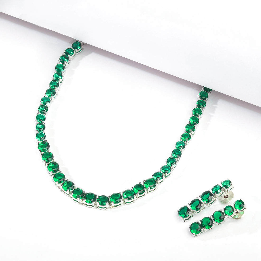 Rhodium Plated Classic Emerald Green Zircon Necklace Set With Earrings For Women