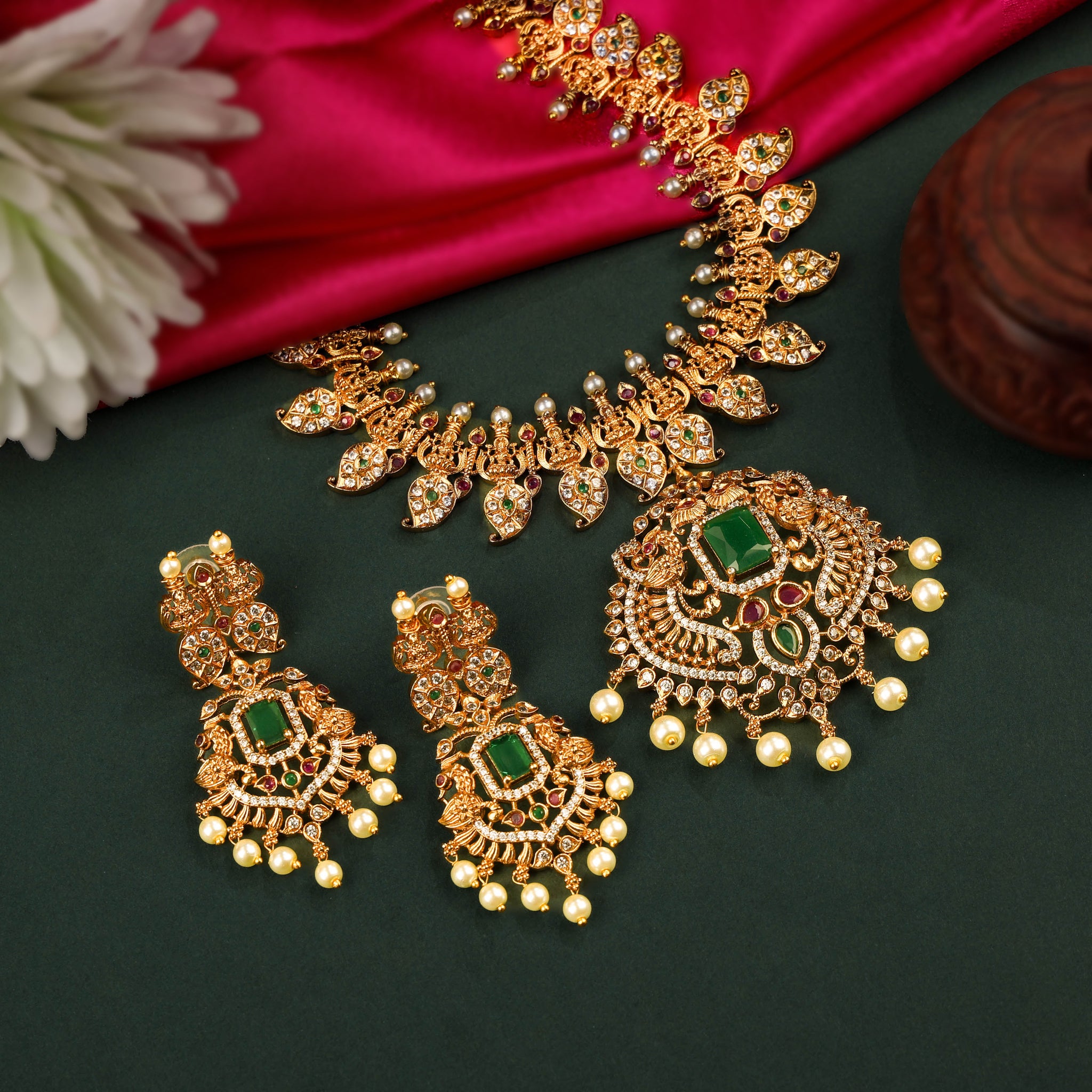 24K Gold Plated South Indian Necklace Set With Green Stone Pendant Work And Earrings