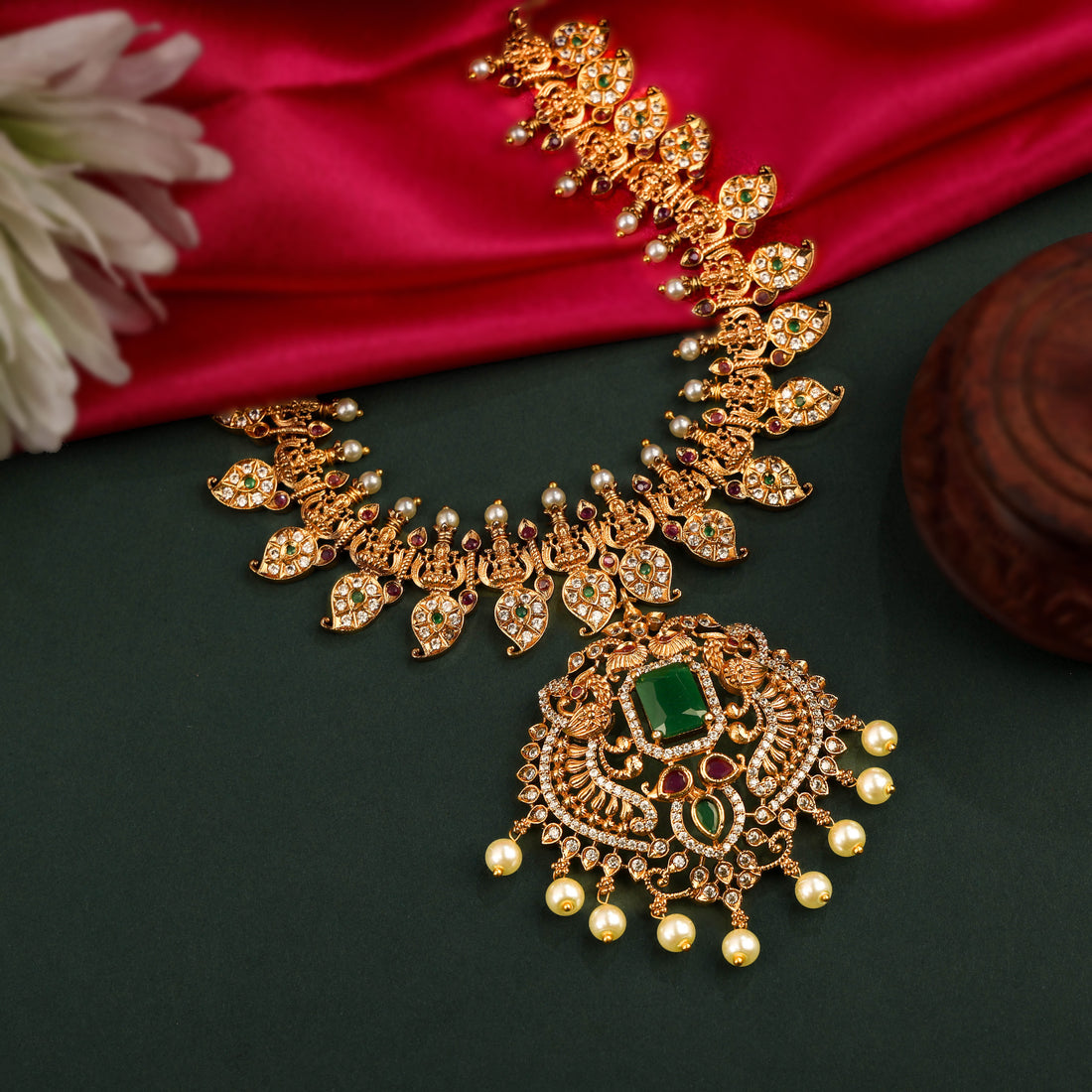 24K Gold Plated South Indian Necklace Set With Green Stone Pendant Work And Earrings