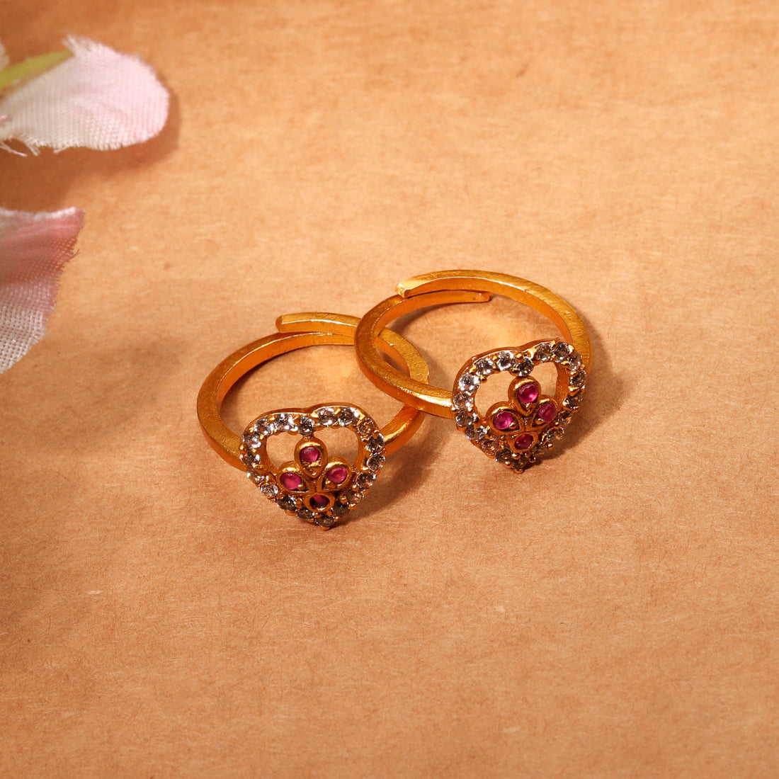 Gold Plated Red And White Stones Toe Rings For Women - Free Size