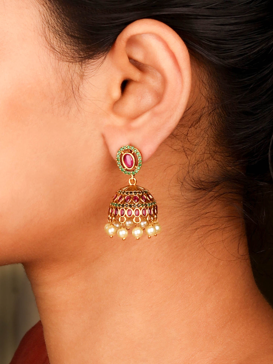 Classic Gold Plated Traditional South Indian Jhumka With Multi Coloured Stones