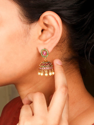 Classic Gold Plated Traditional South Indian Jhumka With Multi Coloured Stones