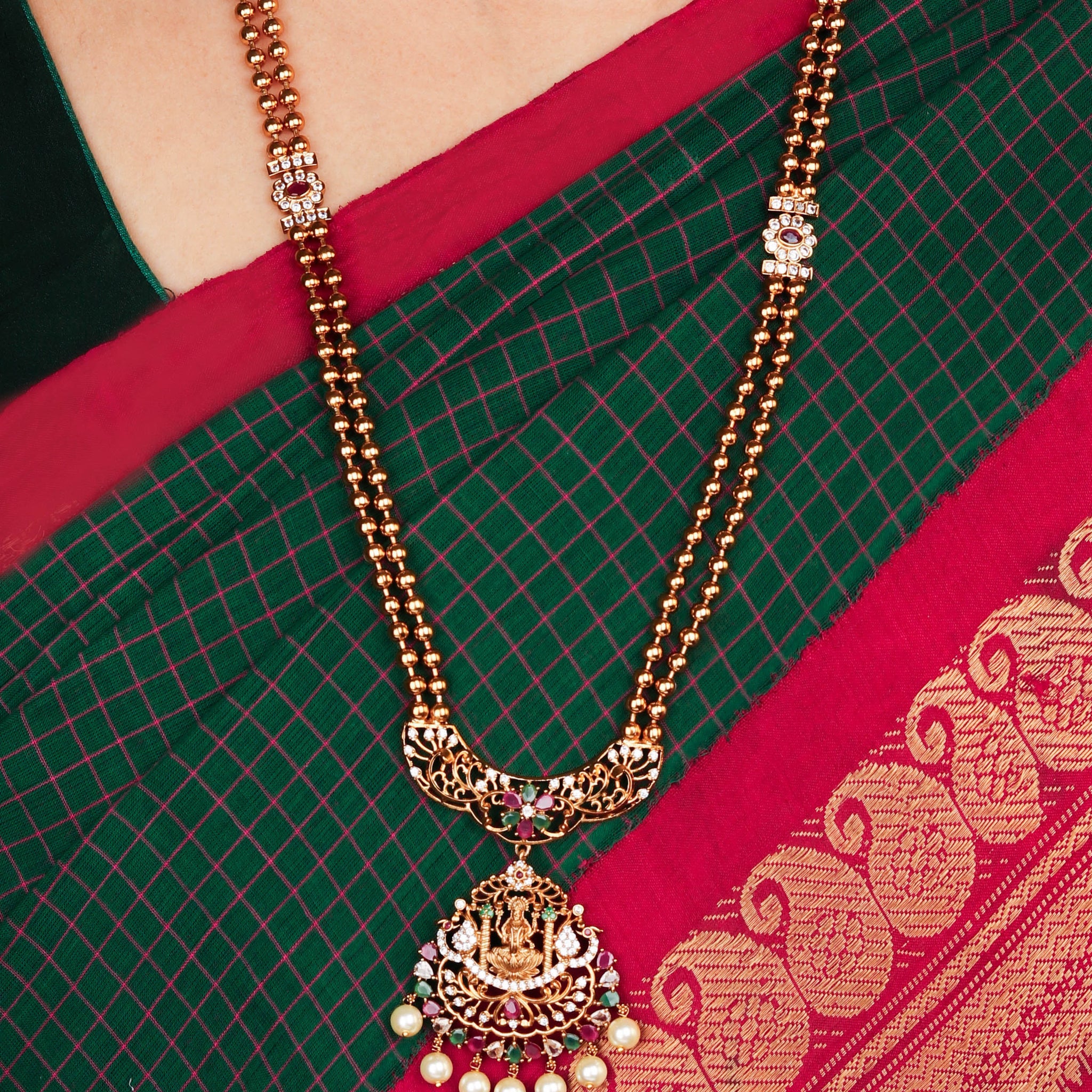 Traditional South Indian Necklace Set With Multi Color Stones and Earrings For Women