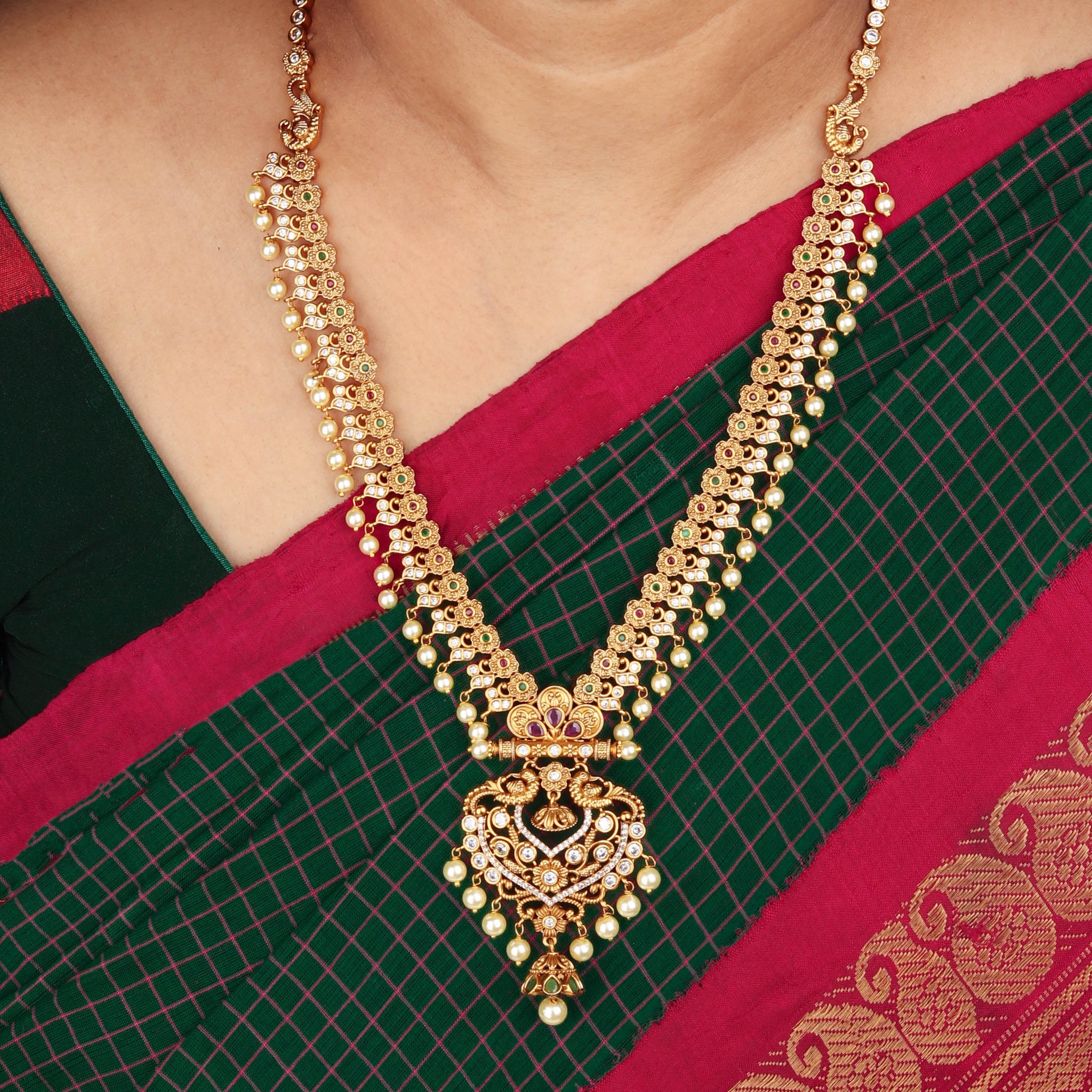 24K Gold Plated South Indian Long Necklace Set With Pearls And Pair Of Earring For Women