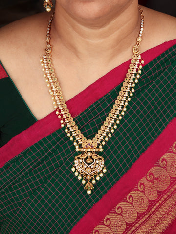 24K Gold Plated South Indian Long Necklace Set With Pearls And Pair Of Earring For Women