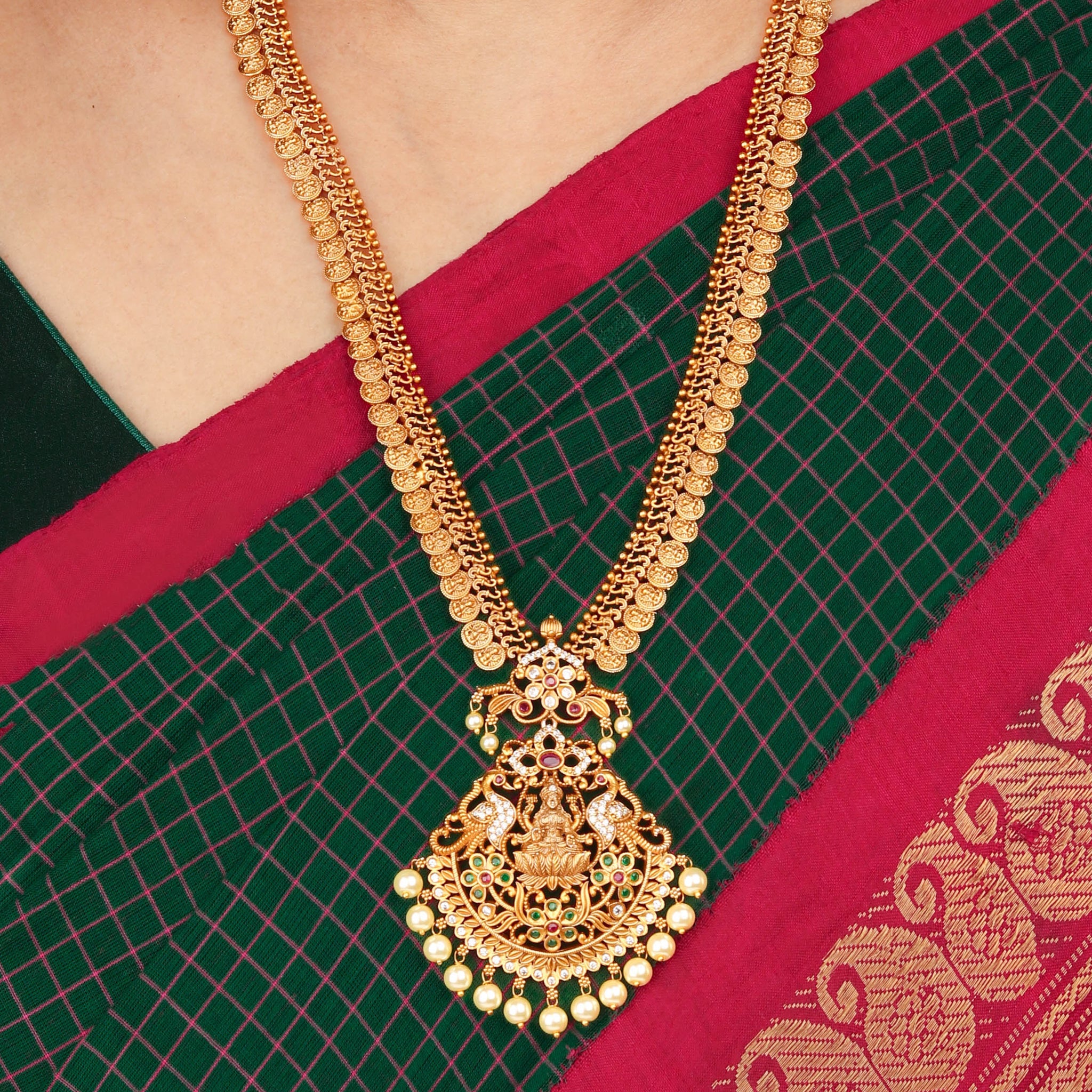 24K Gold Plated Kasu Necklace Set With Nakshi Work And Pair Of Earrings