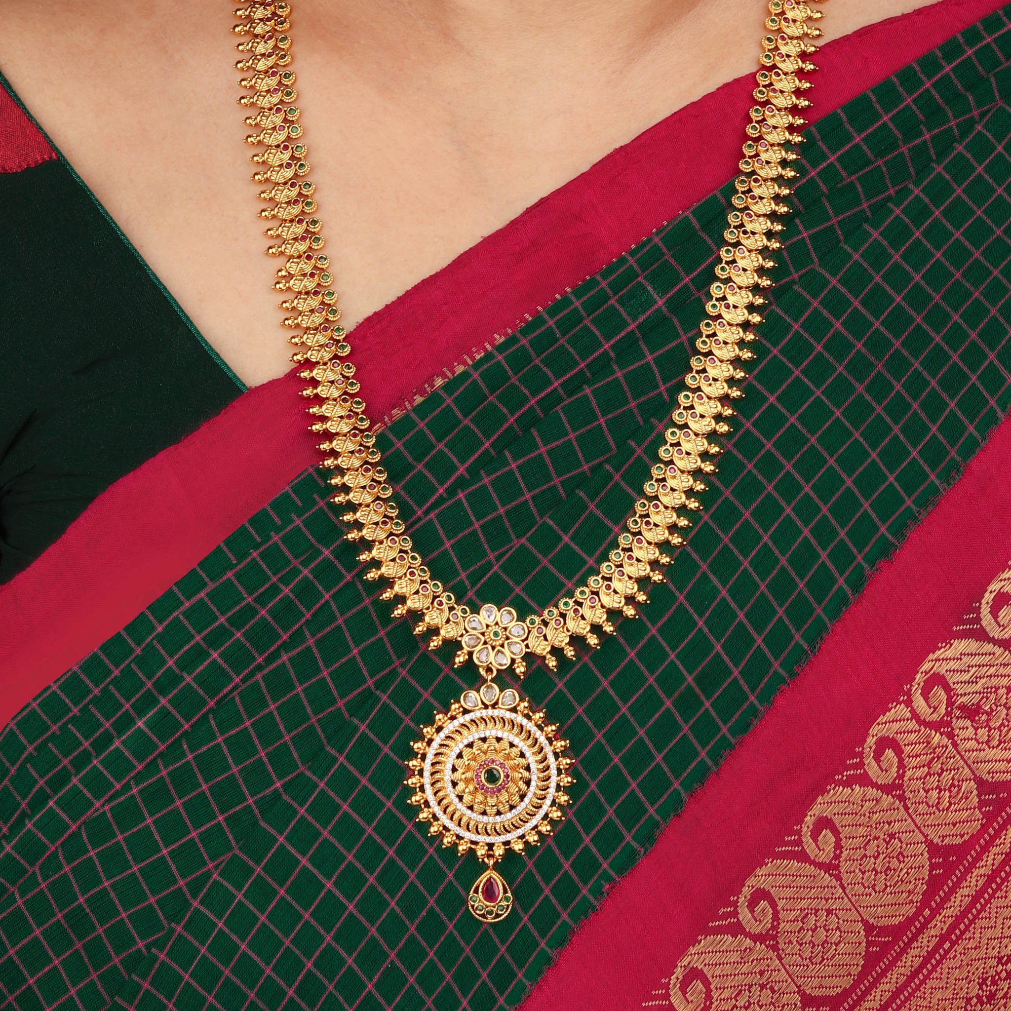 Traditional 24K Gold Plated South Indian Necklace With Pair Of Earrings For Women